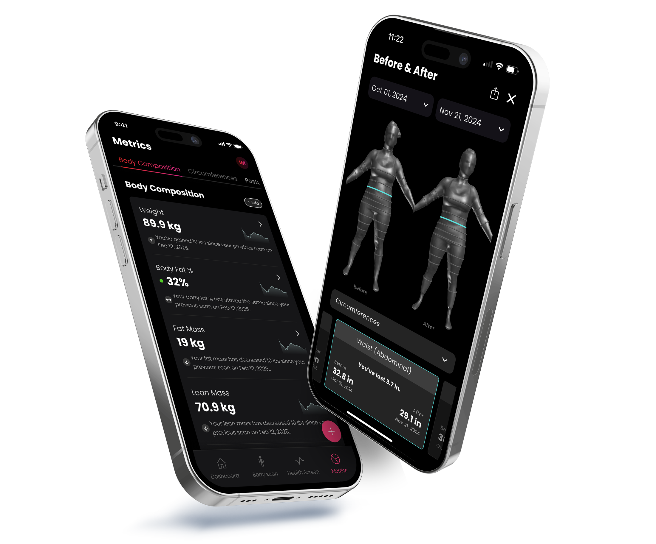 Styku mobile app — iPhone screens showing health metrics
